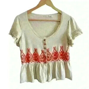 Anthropologie Moth Taupe Embroidered Ruffle Sleeve Peplum Cardigan Size S